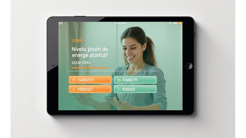 Interfață de quiz interactivă cu o bară de progres vizibilă și o întrebare despre nivelul de energie al utilizatorului, pe un fundal cu elemente grafice clean și moderne.